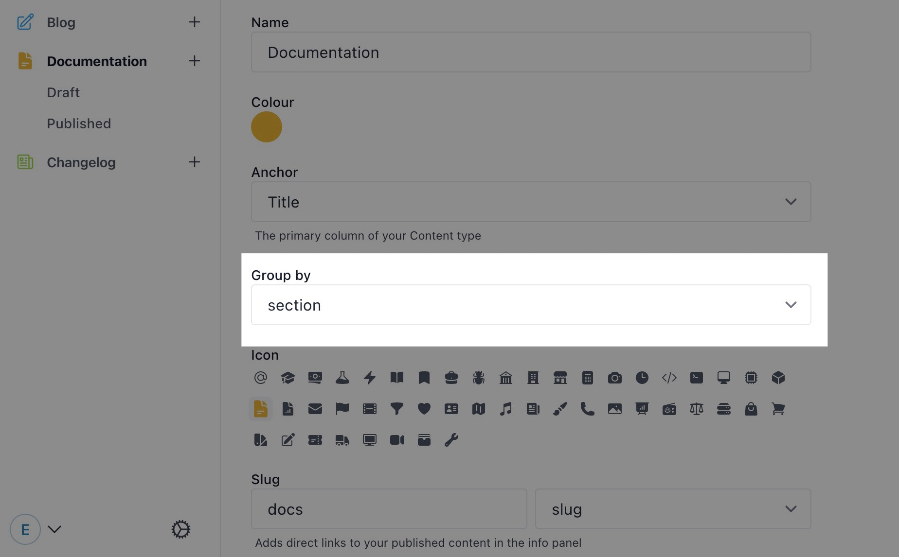 Preview of the content type's settings with “group by” select field highlighted