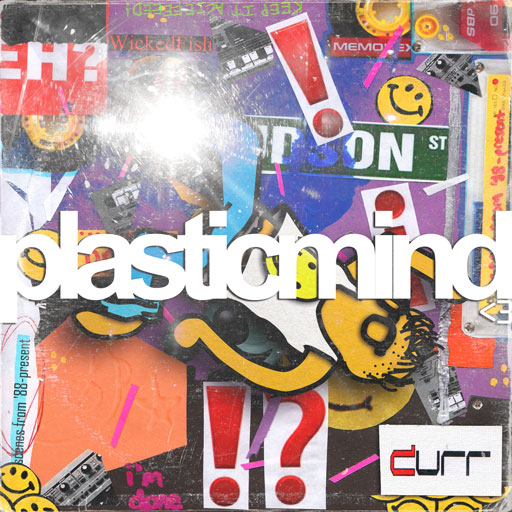 Album cover. A cartoon man in the style of Keith Haring falls down a colorful, cluttered background. A bold title says 'Plastic Mind' in all lowercase.