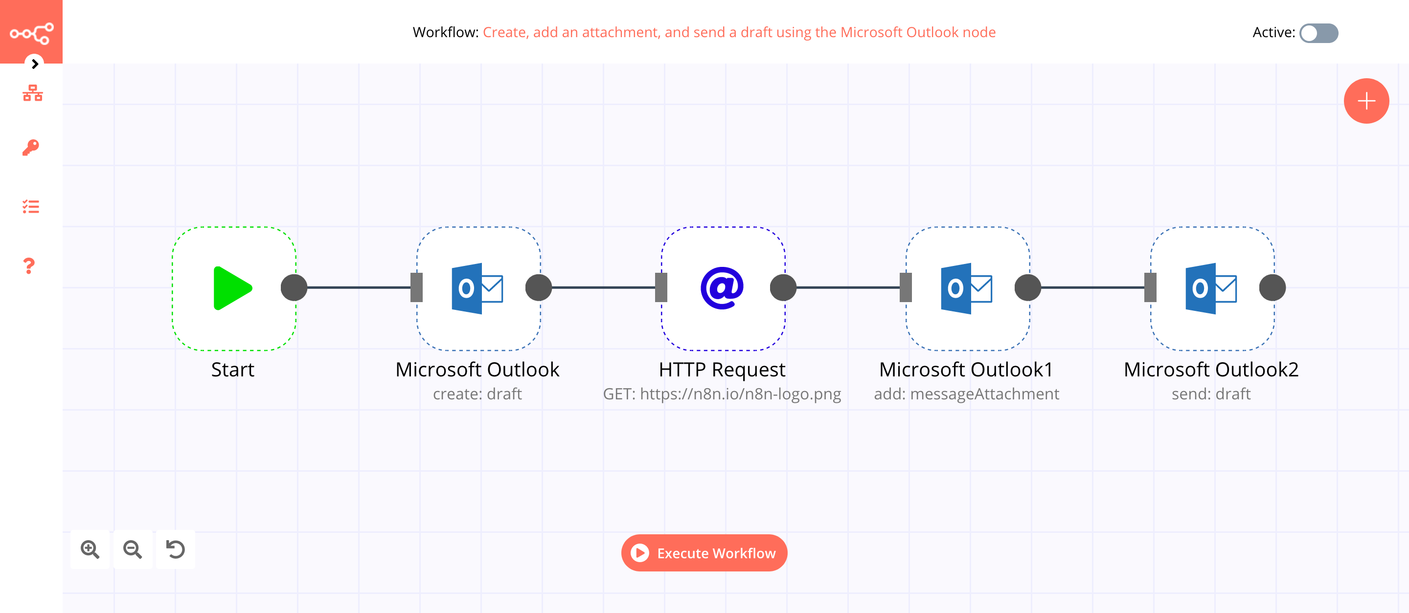 A workflow with the Microsoft Outlook node