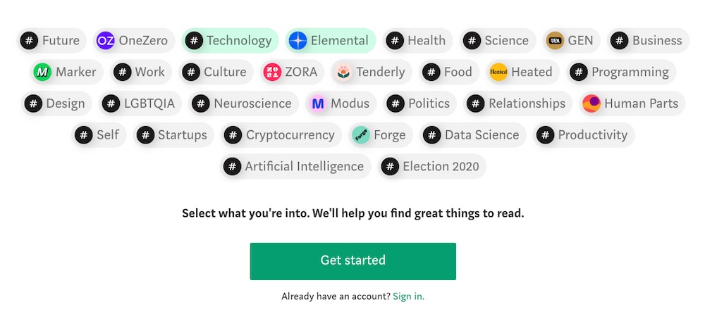 Screenshot of Medium's homepage checkbox form
