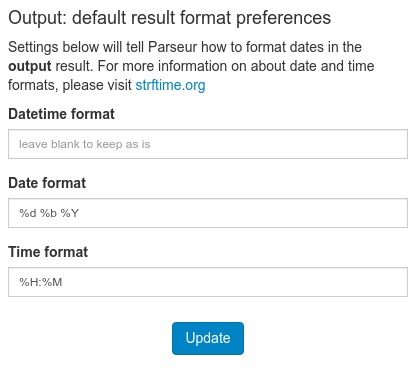 The output format preference form