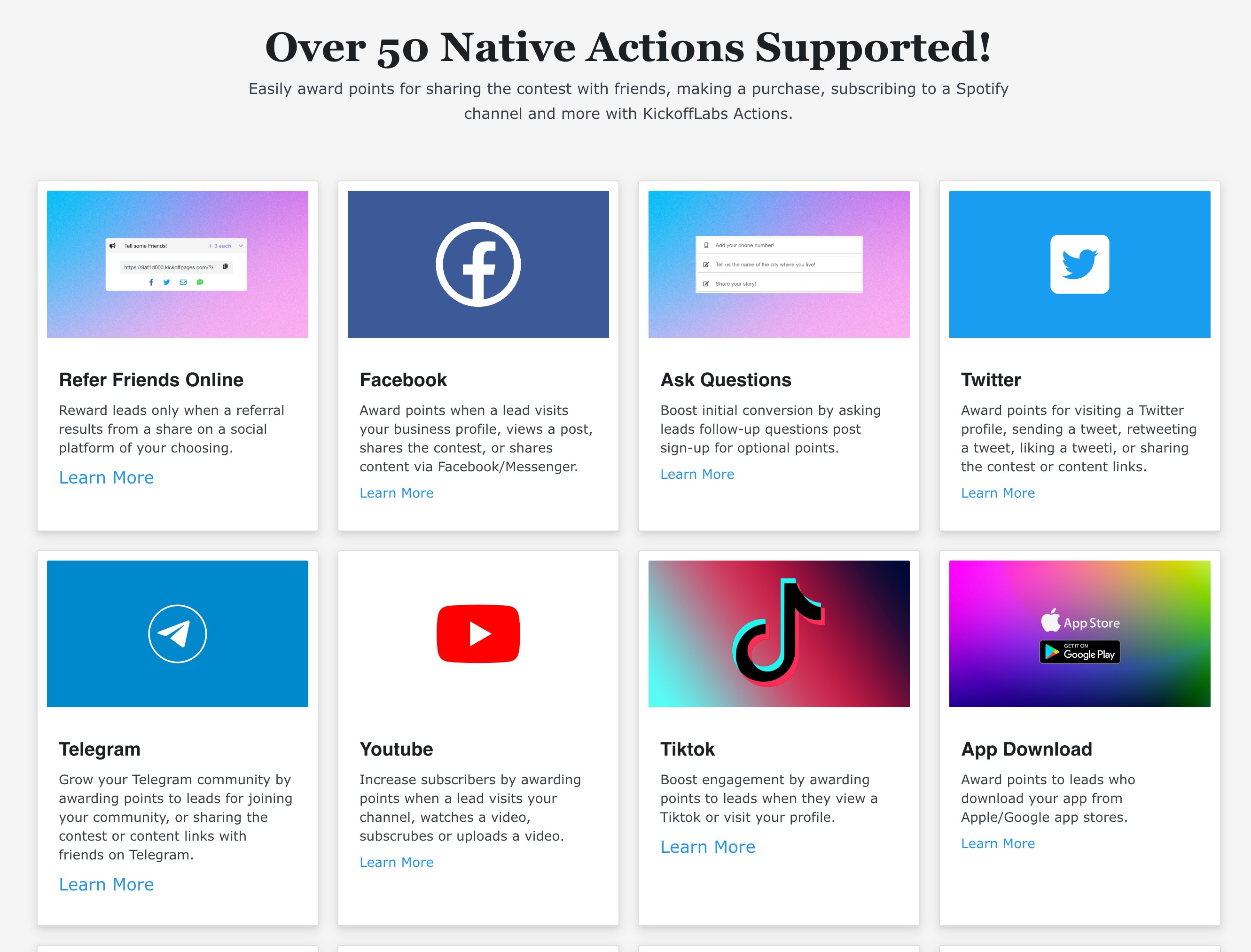 Actions supported landing page