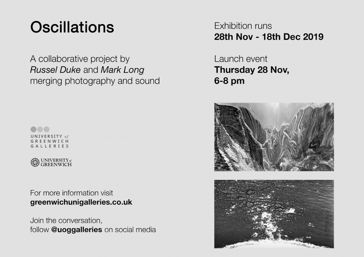 Landscape poster for Oscillations, an exhibition by Russel Duke and Mark Long