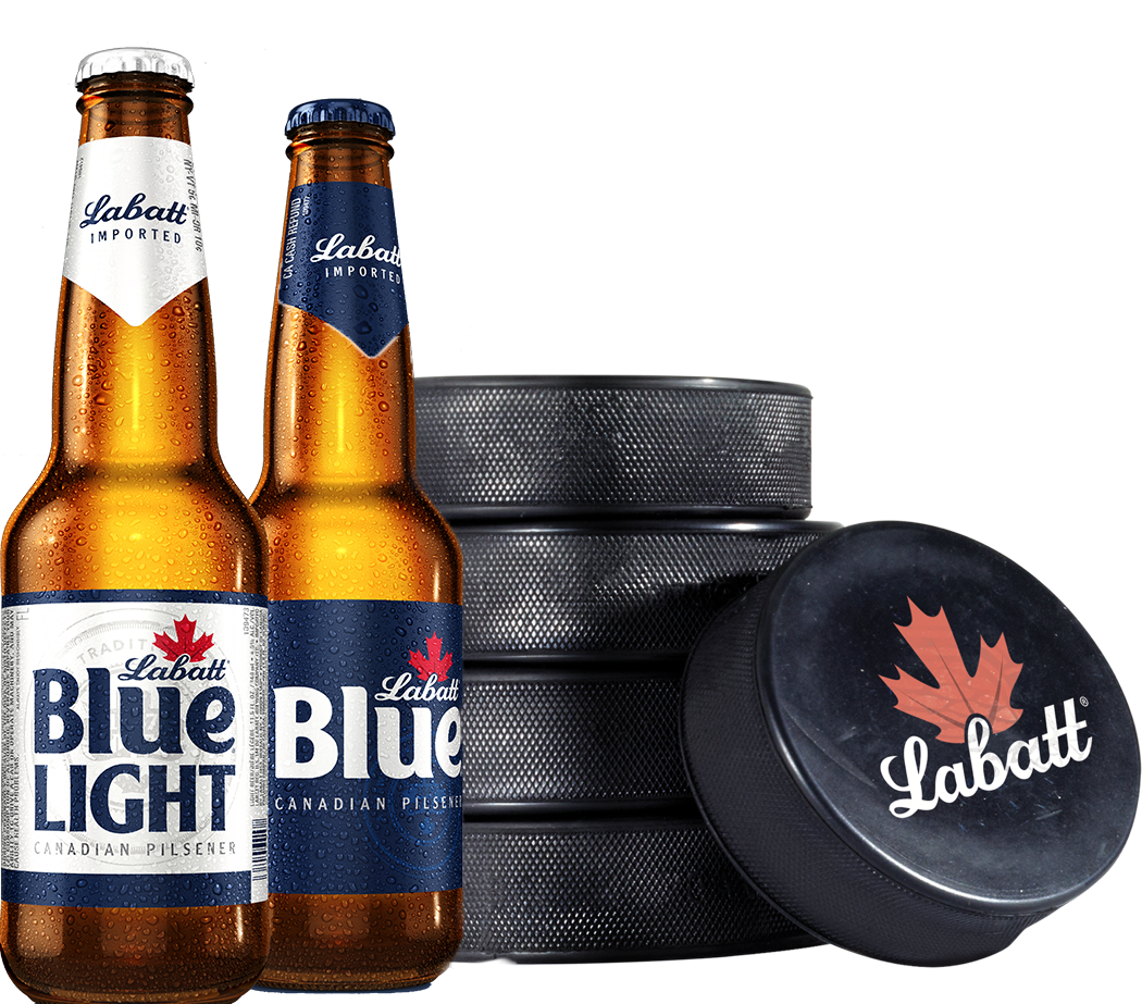 graphic showing a labatt blue and labatt blue light bottle in front of a stack of labatt branded hockey pucks