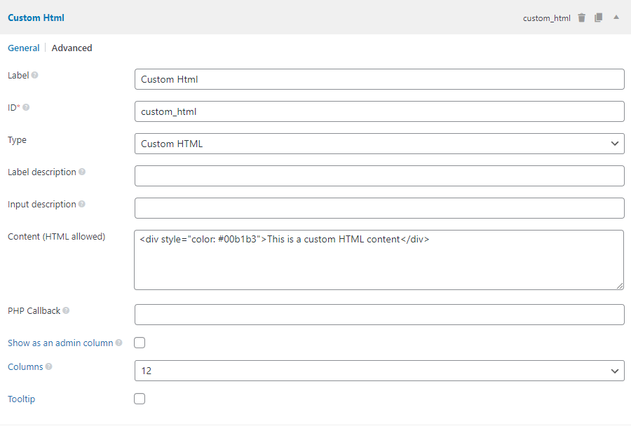 The custom-html field settings