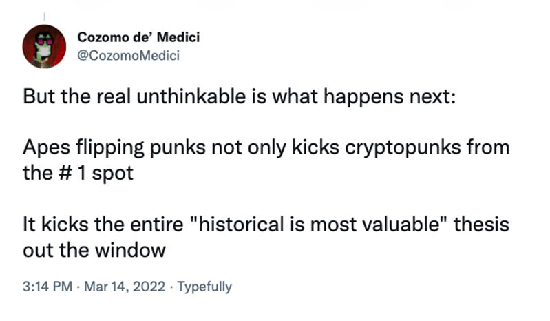 Screenshot of Cozomo de Medici tweet about the “de-throning” of Cryptopunks.