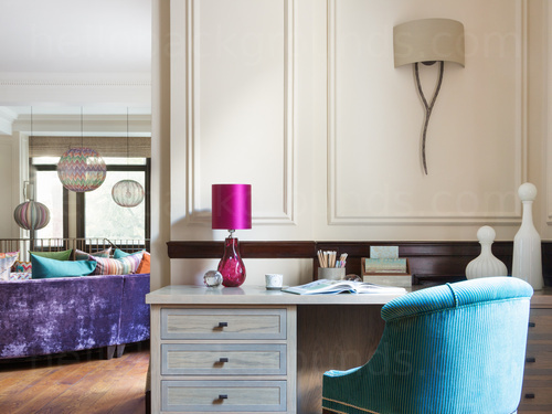 Classic yet modern office containing blue white decorated wooden desk and blue classic style office chair  Zoom background