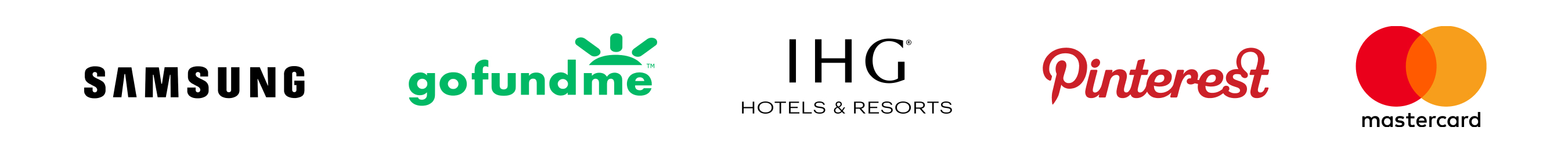 Samsung-logo, gofundme-logo, IGH Hotel and Resorts-logo, Pintrest-logo, Mastercard-logo