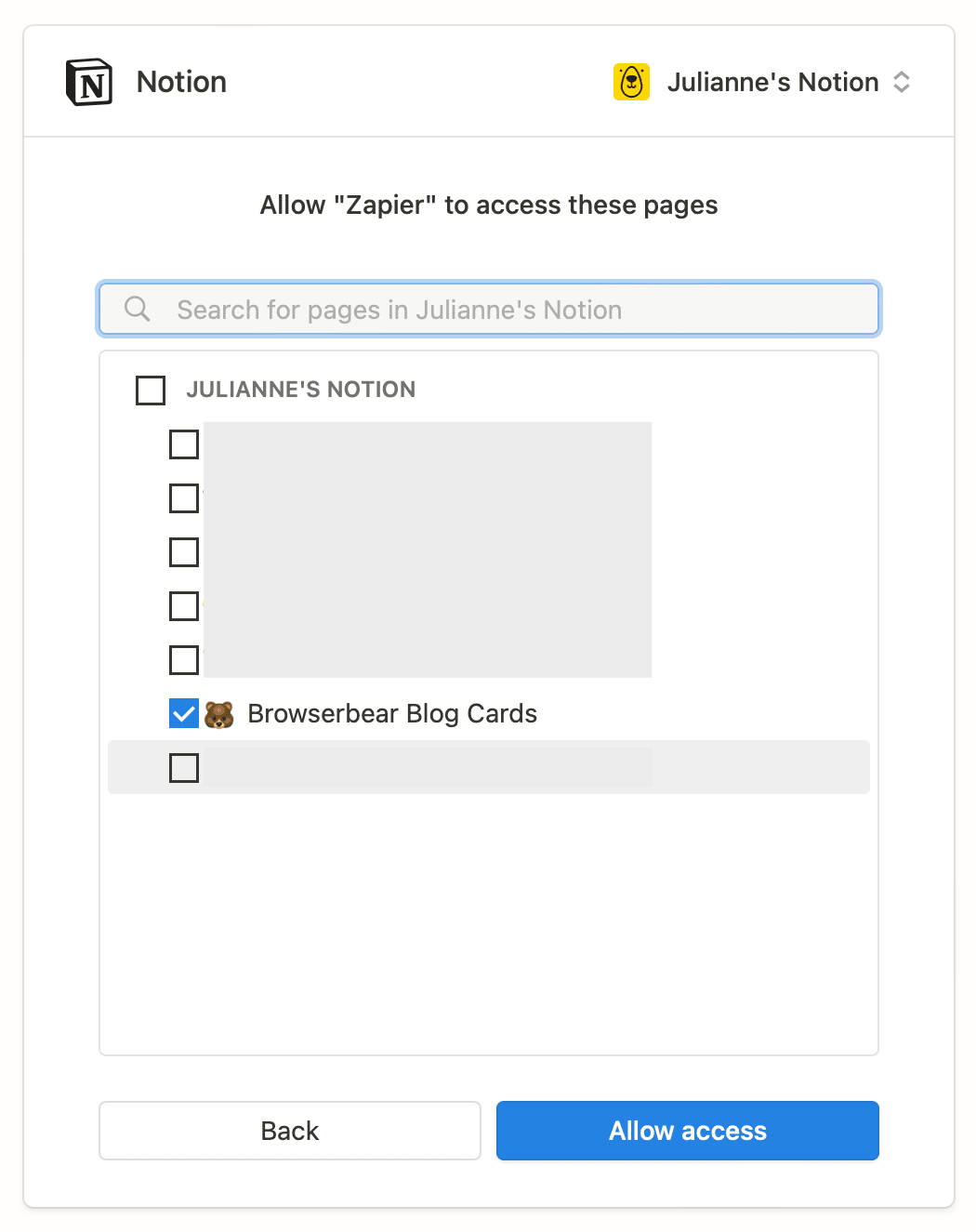 Screenshot of Notion Zapier authentication setup