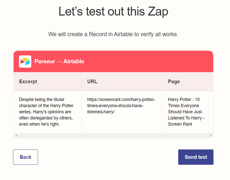 Send a test from Zapier to Airtable