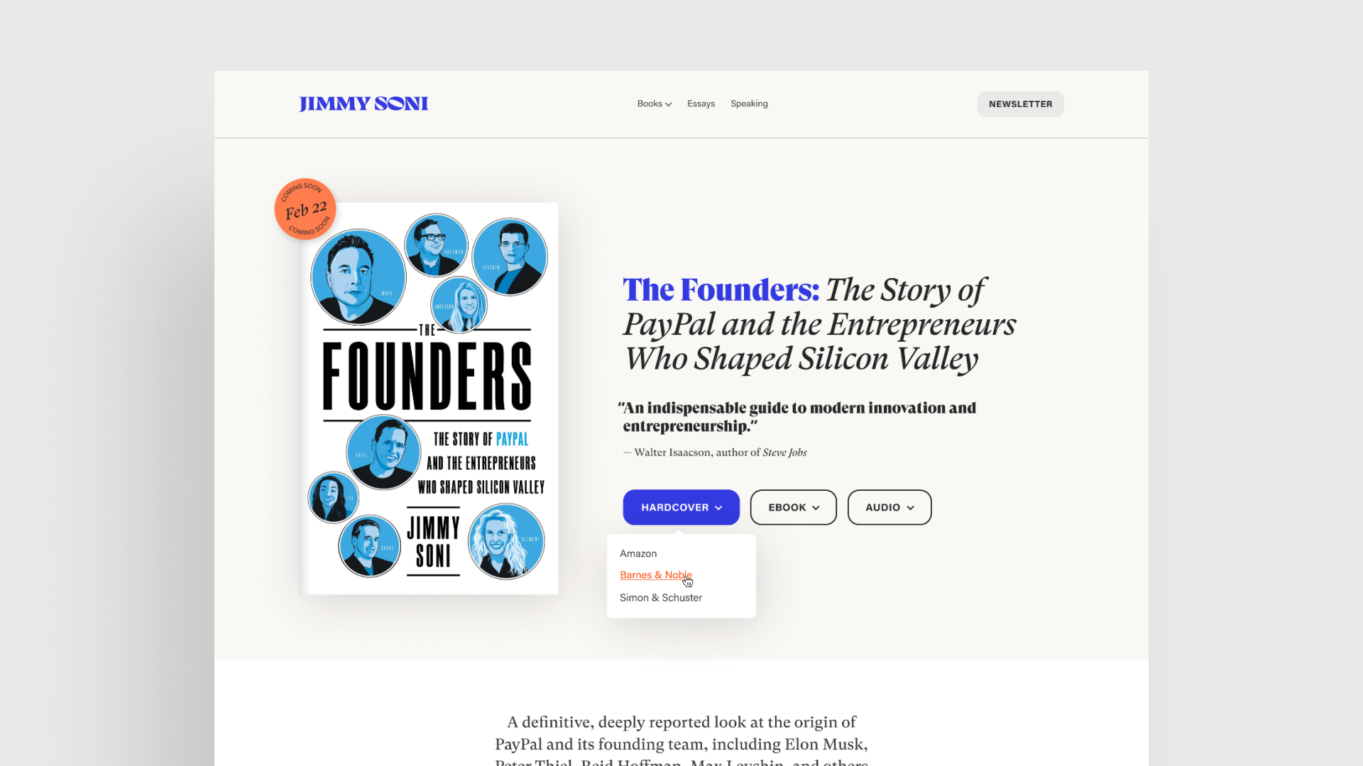 Screenshot of the above-the-fold section of the web page showcasing Jimmy Soni's book, “The Founders”