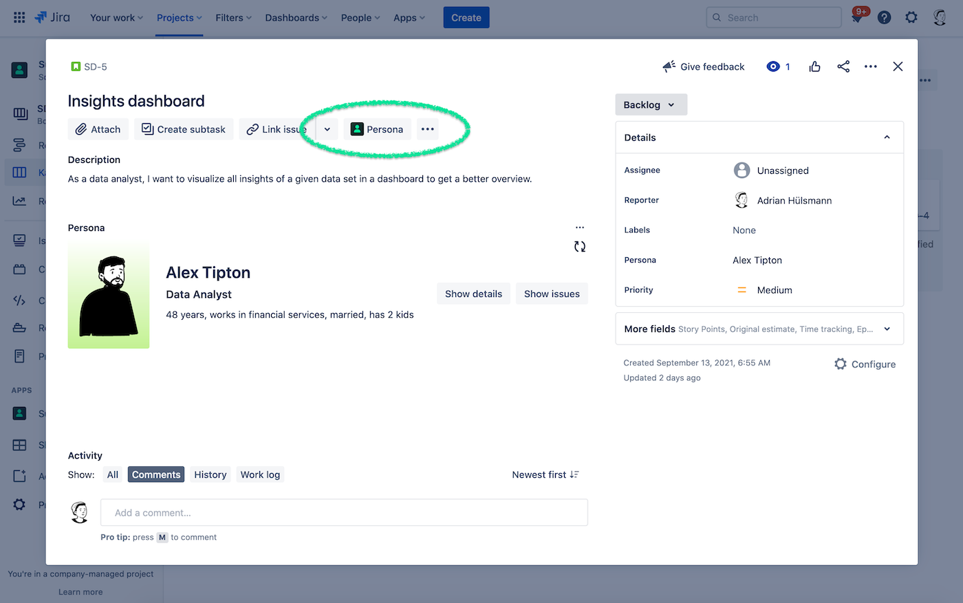 Add persona details to Jira issue