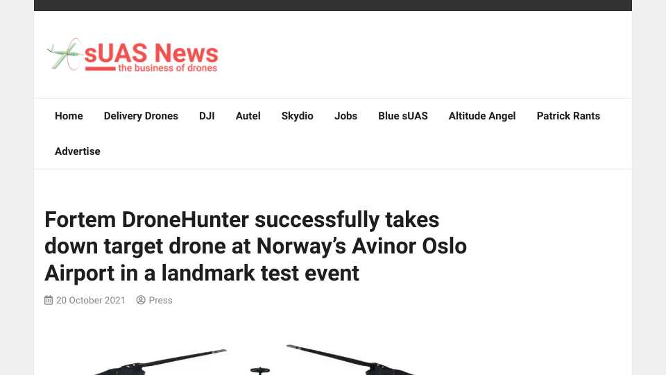Fortem DroneHunter successfully takes down target drone at Norway's Avinor Oslo Airport in a landmark test event