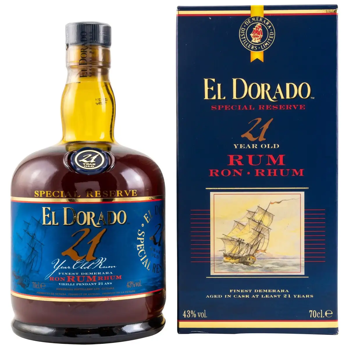 Image of the front of the bottle of the rum El Dorado 21