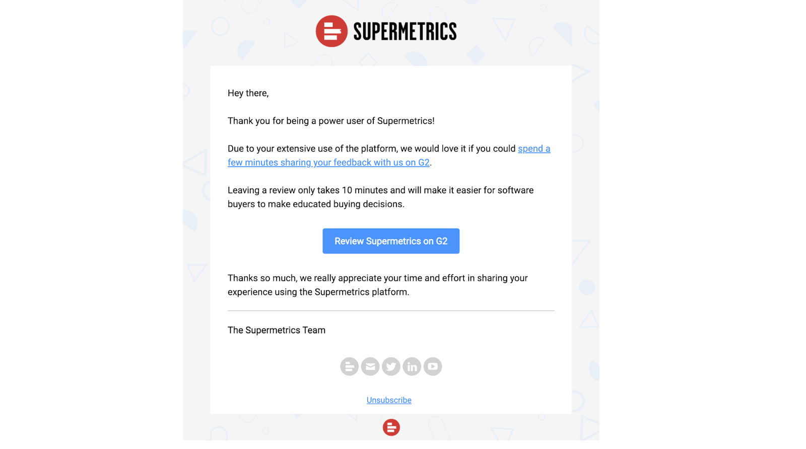 Email Engagement Content Ideas: Screenshot of Supermetric's email asking users to review them on G2