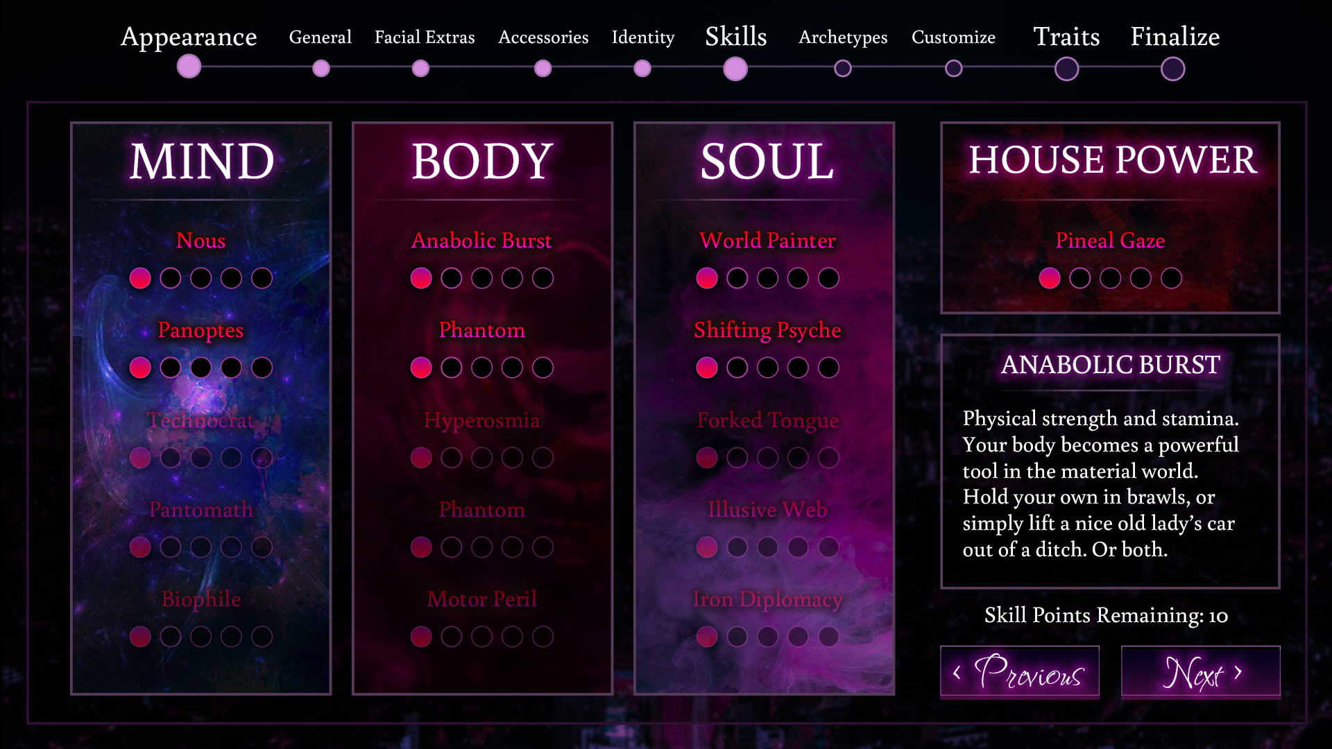 stats screen for skills in MIND, BODY, SOUL, and HOUSE POWER
