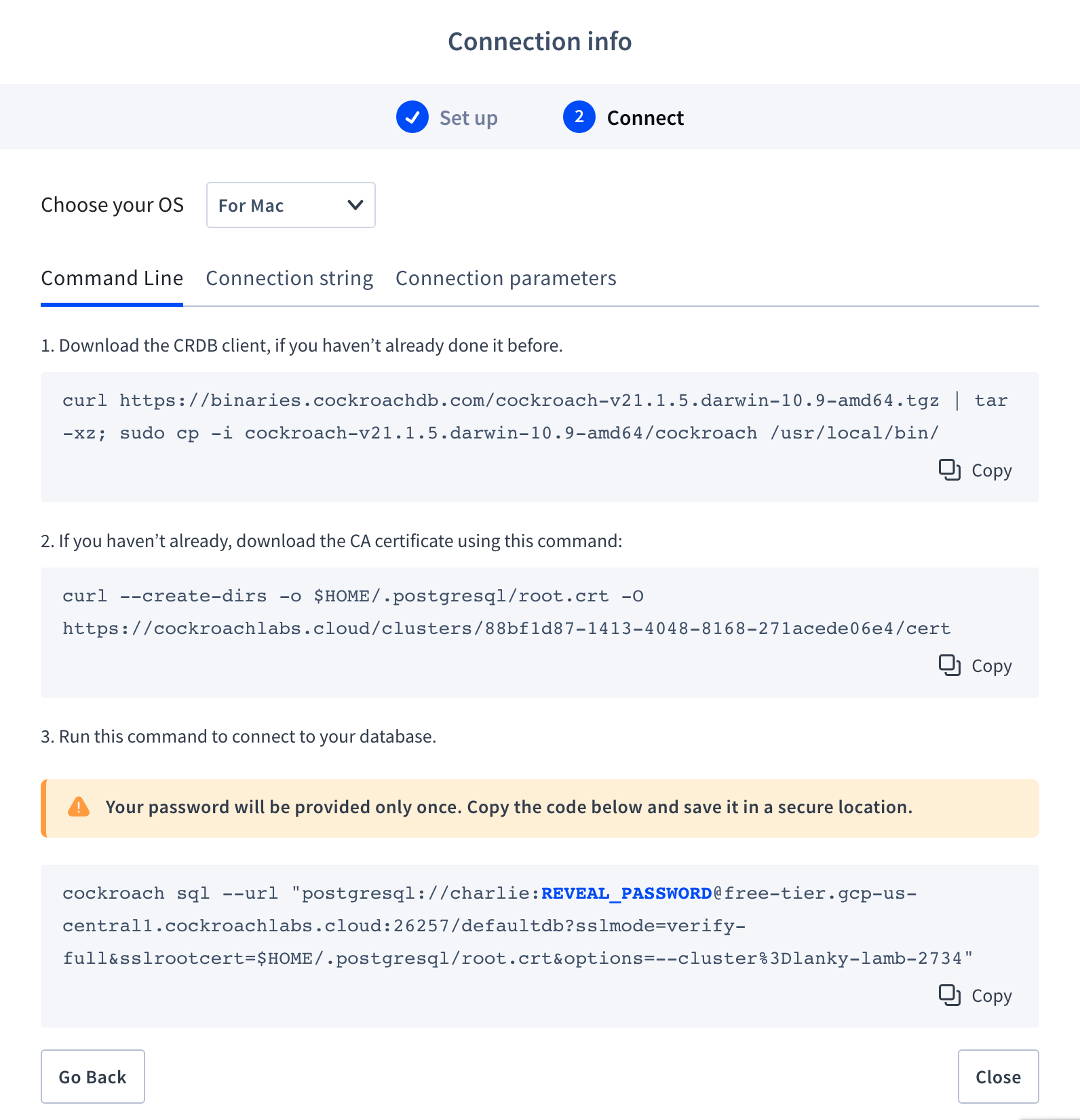 cockroach cloud connection info