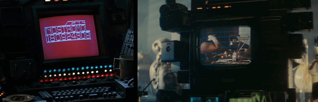 On the left a screenshot from Alien, showing a red terminal screen reading 'Nostromo, 180924609'. On the right a screenshot from Blade Runner, showing a TV screen with green scan lines.