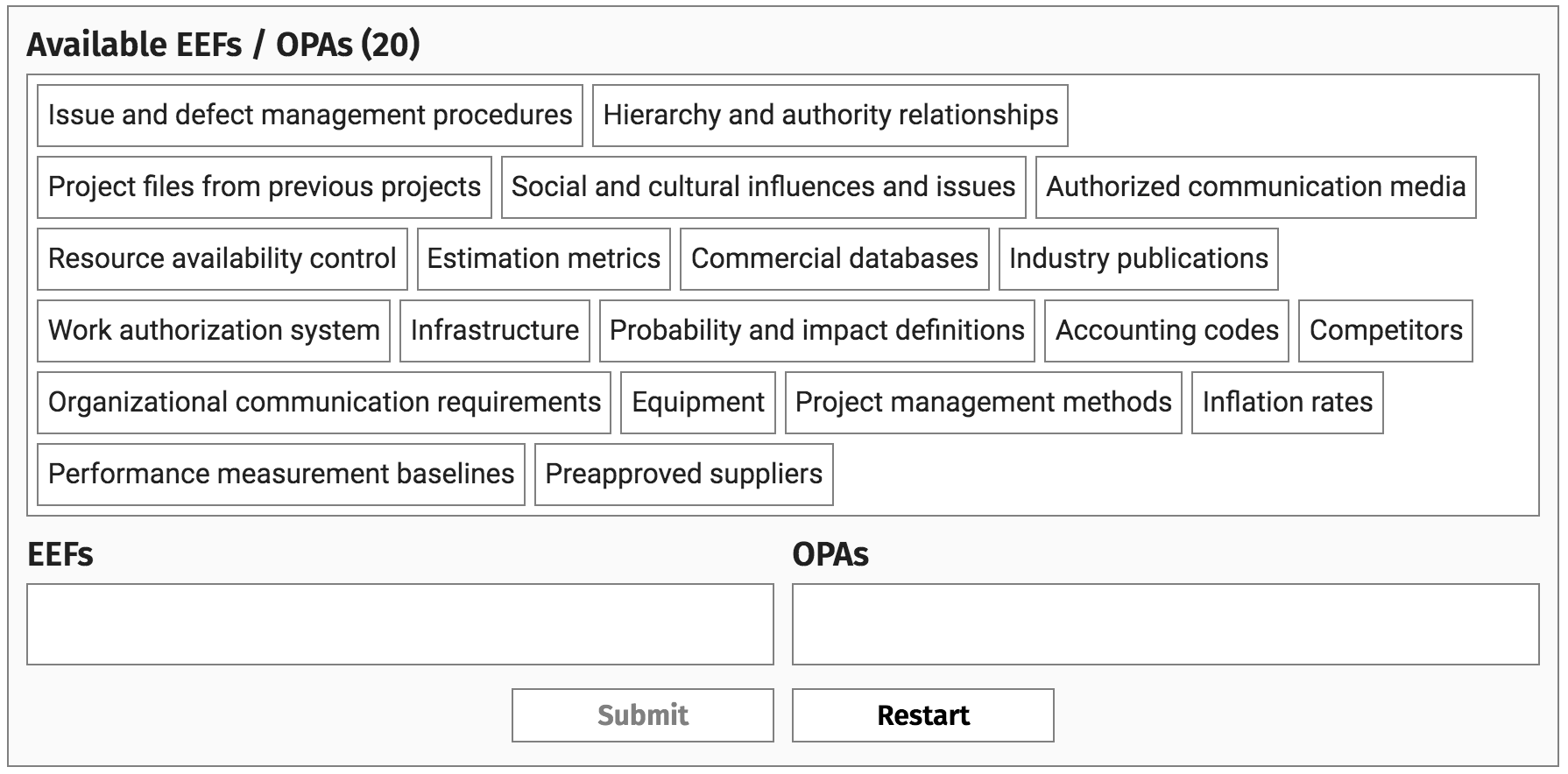 Enterprise Environmental Factor and Organizational Process Assets Drag and Drop Game