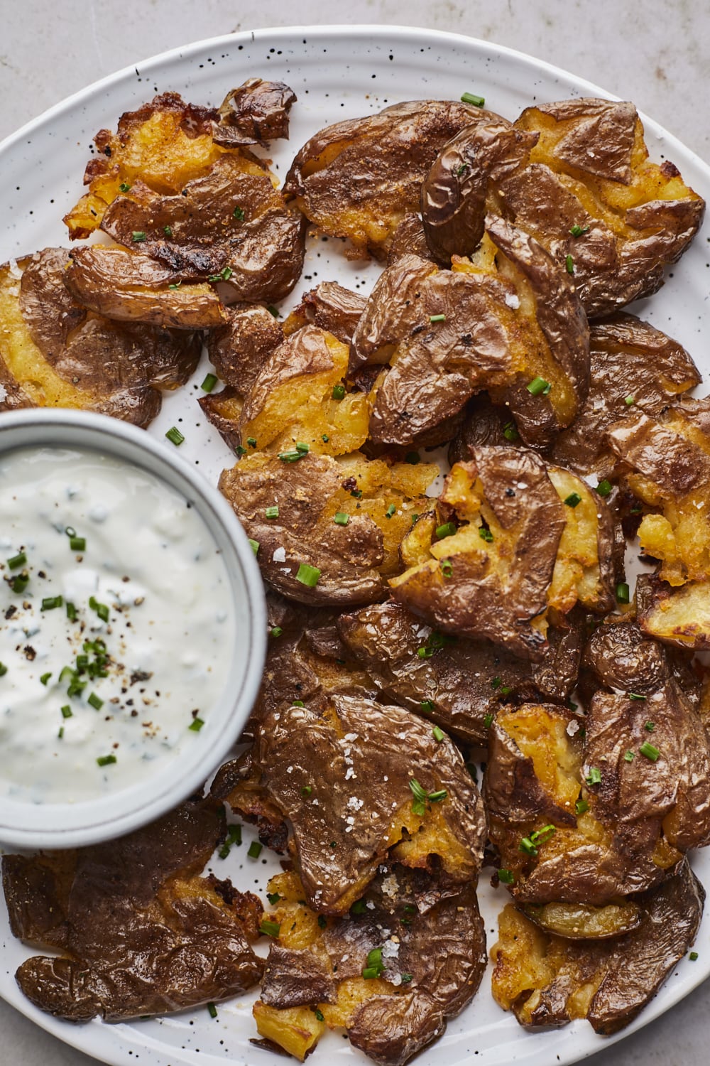 Crispy Smashed Potatoes With Sour Cream and Chive Dip