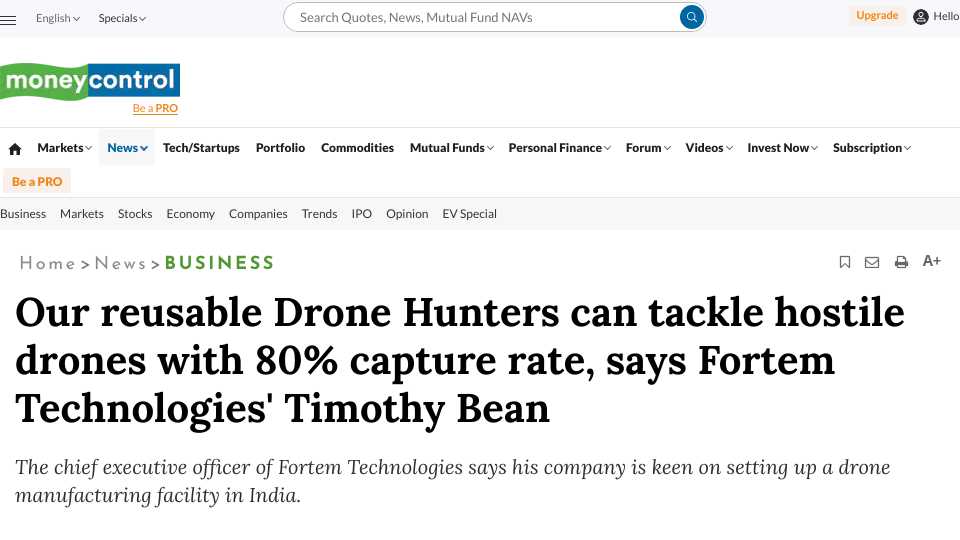 Our reusable Drone Hunters can tackle hostile drones with 80% capture rate, says Fortem Technologies' Timothy Bean