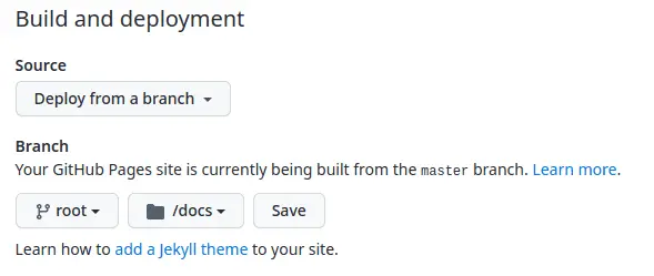 Github Pages settings - deploy from the docs folder