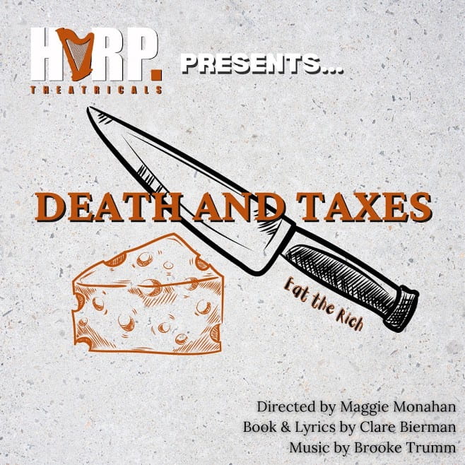 Death and Taxes, in orange, is emblazoned over a picture of a knife about to cut a block of cheese