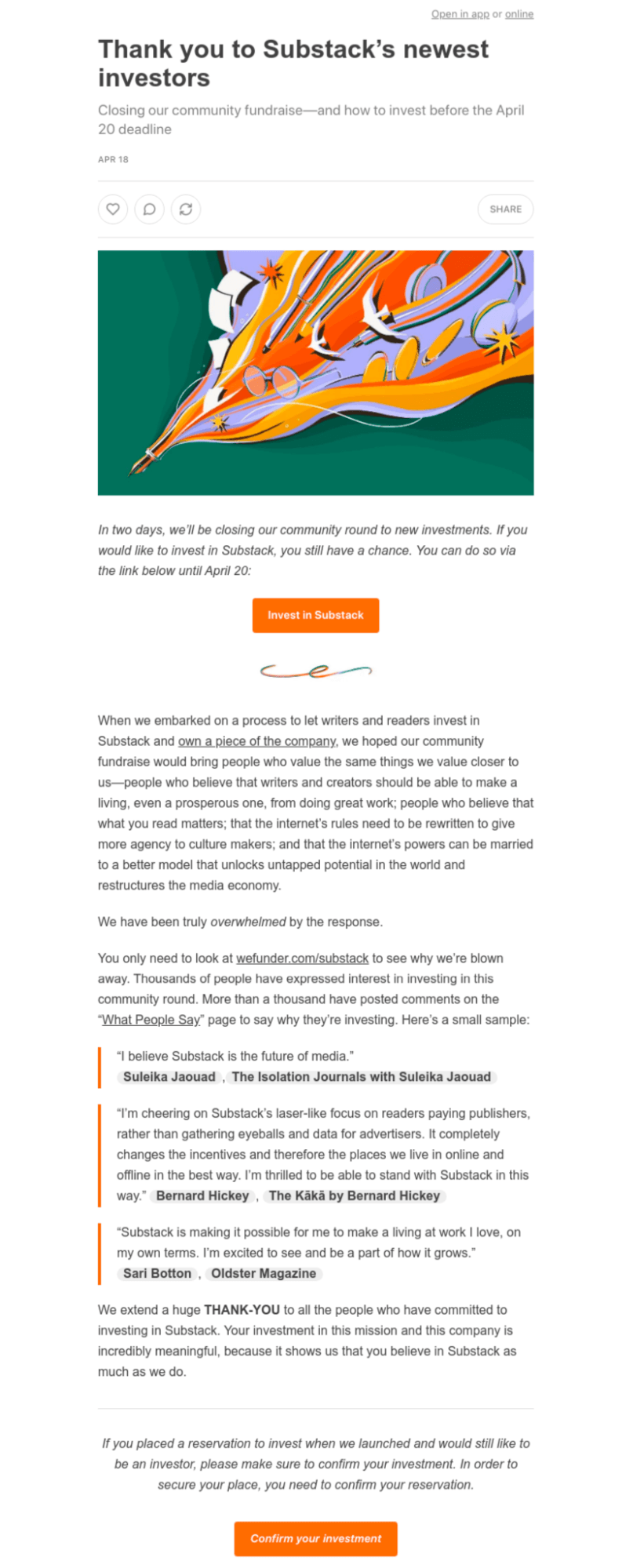 Email Engagement Content Ideas: Screenshot of Substack's email talking about their newest investors