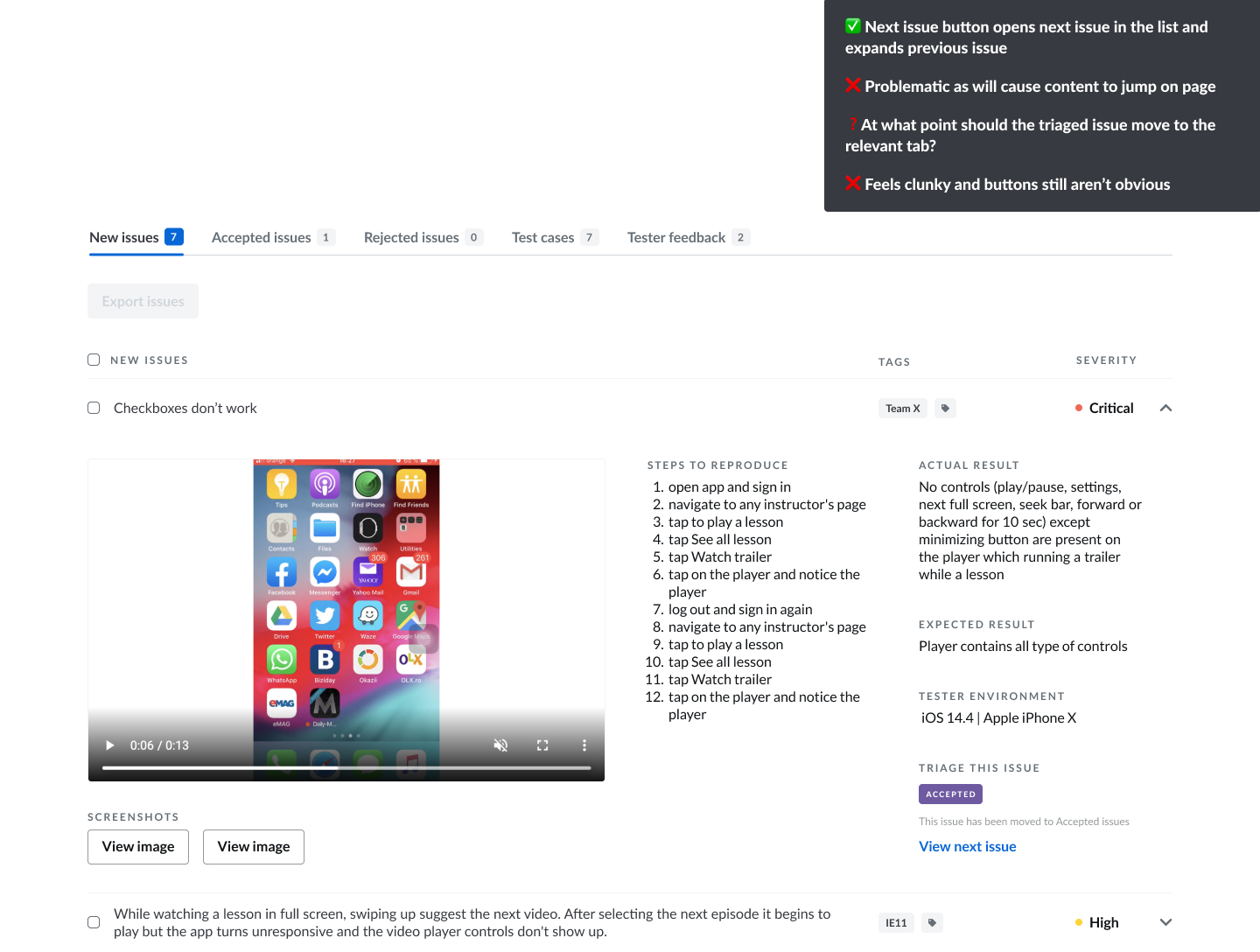Mockup showing an accepted issues