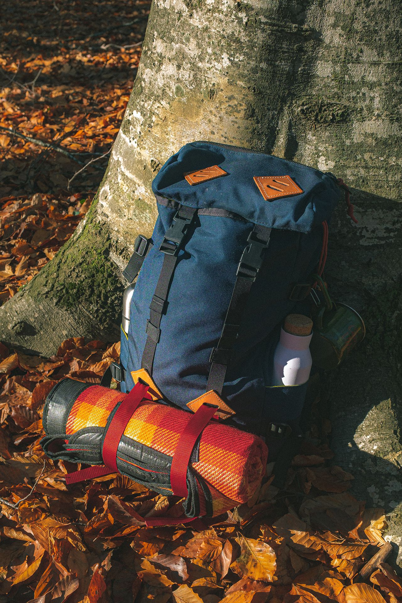 blue and beige camping backpack