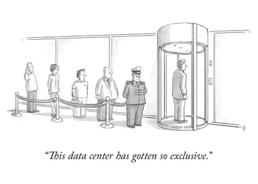 A cartoon-style illustration. This is a line outside a data center with a fancy looking doorman and velvet rope. The caption reads: This IBX has gotten so exclusive.