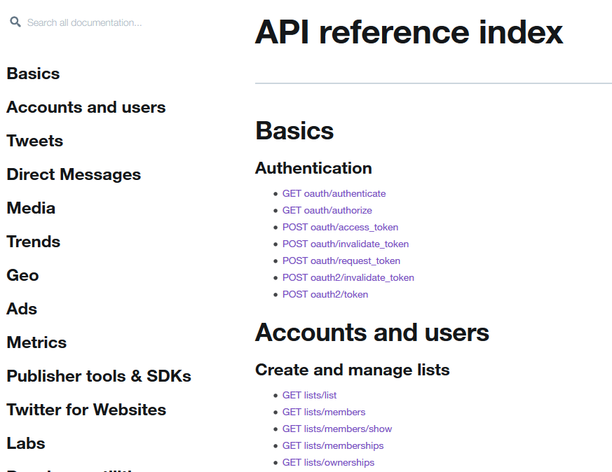 twitter api reference
