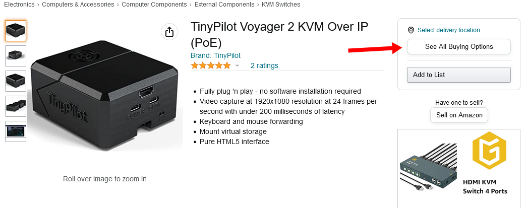 Screenshot of Amazon listing for TinyPilot Voyager 2 with buy button hidden