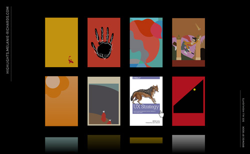 A grid of simplified book covers, with the user hovering over a cover to reveal the full-fidelity art