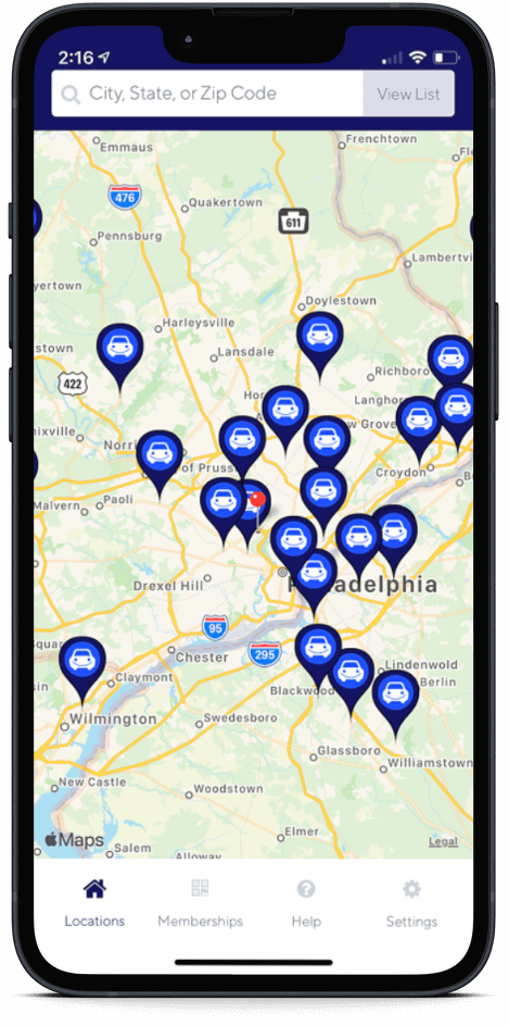 Locations map of EverWash unlimited car washes app