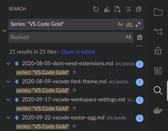 searching for the text "series: VS Code Gold" in the search panel in sidebar in vs code