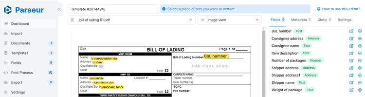 Example of a bill of lading template in Parseur