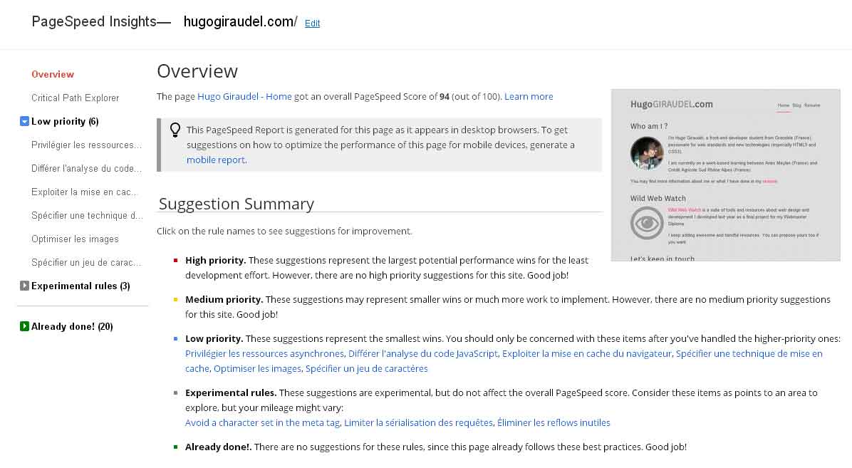 Screenshot of PageSpeed Insights