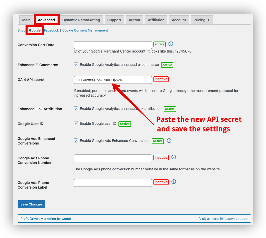 Paste the new API secret and save the settings