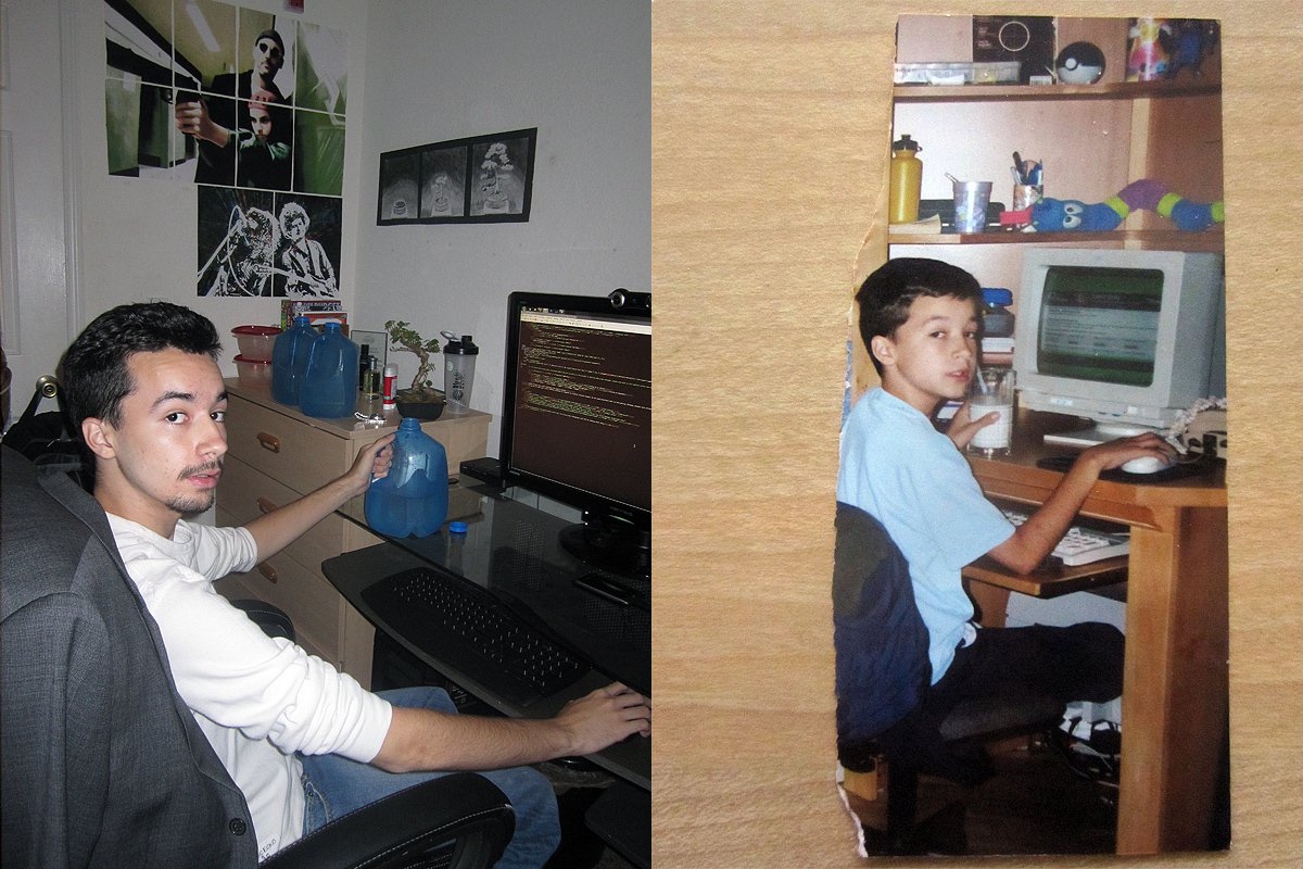 Side by side comparison of me on a computer taken 10 years apart