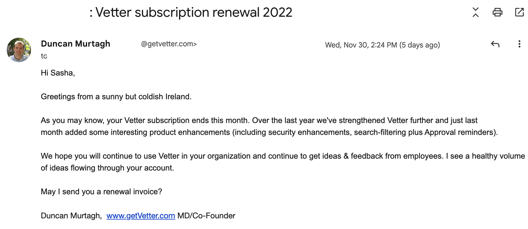 SaaS Renewal Email Examples: Vetter's renewal email