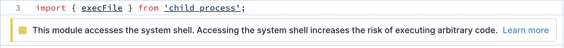 Screenshot of the Socket UI showing a warning that the module accesses the system shell.