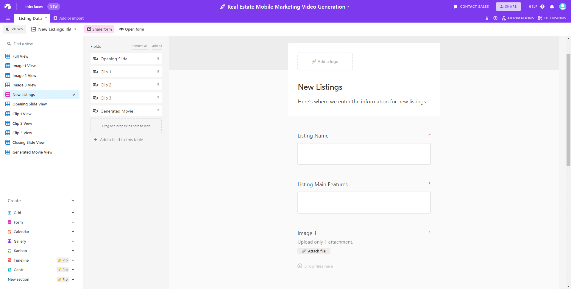 Screenshot of Airtable New Listings database form