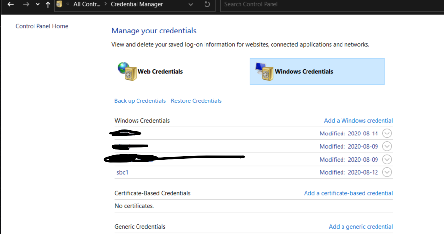 Screenshot of Windows Credential Manager with a Samba credential populated