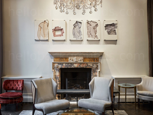 Open ornate fireplace with two contemporary design chairs in front Google Meet background