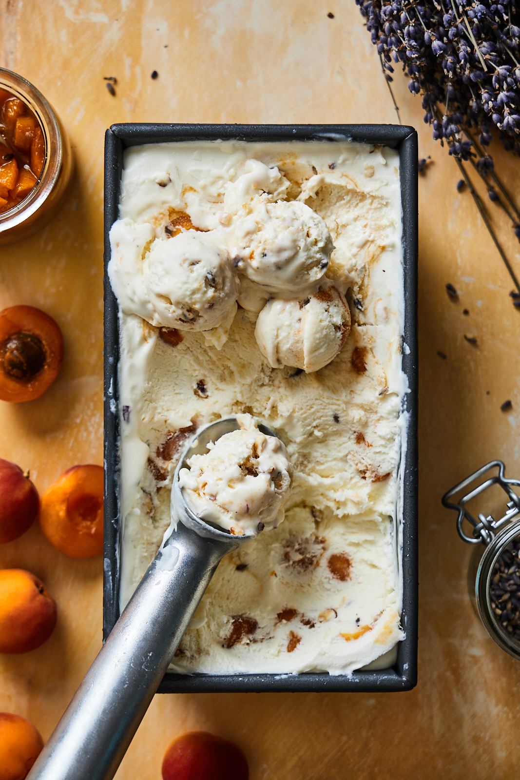 No Churn Caramelized Apricot and Lavender Ice Cream