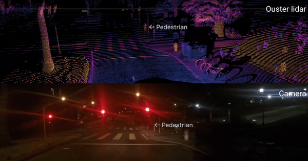 Pedestrian at night captured on Ouster lidar versus camera