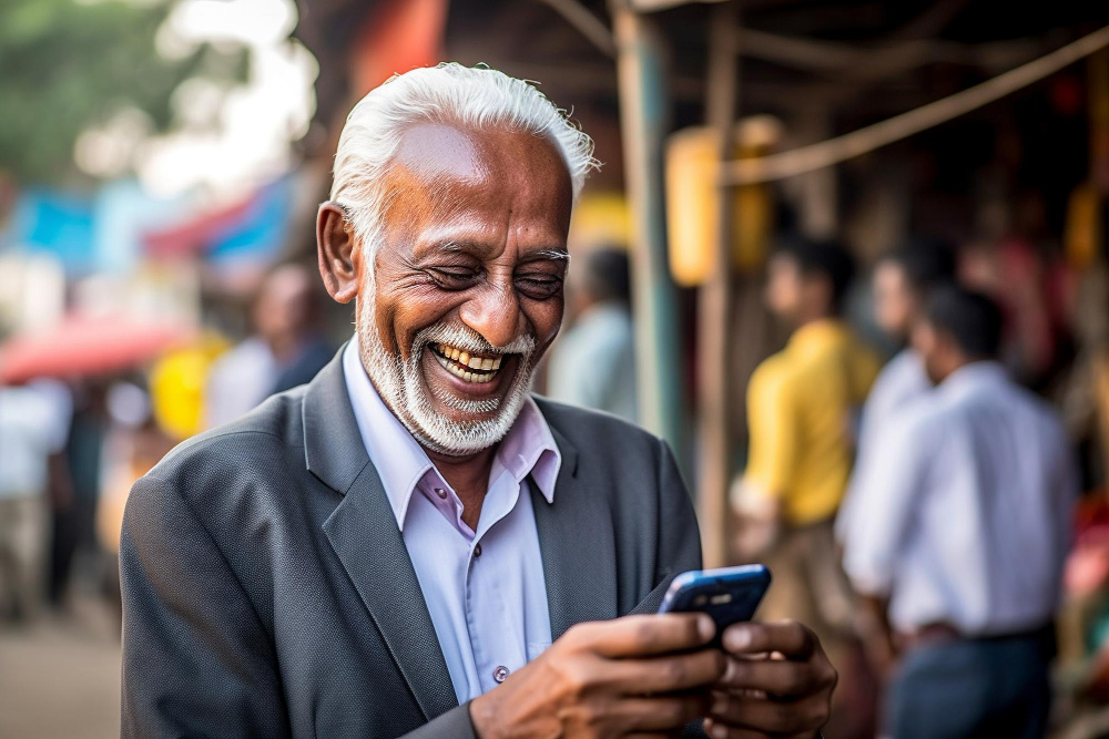 Man smiling while looking at his phone
