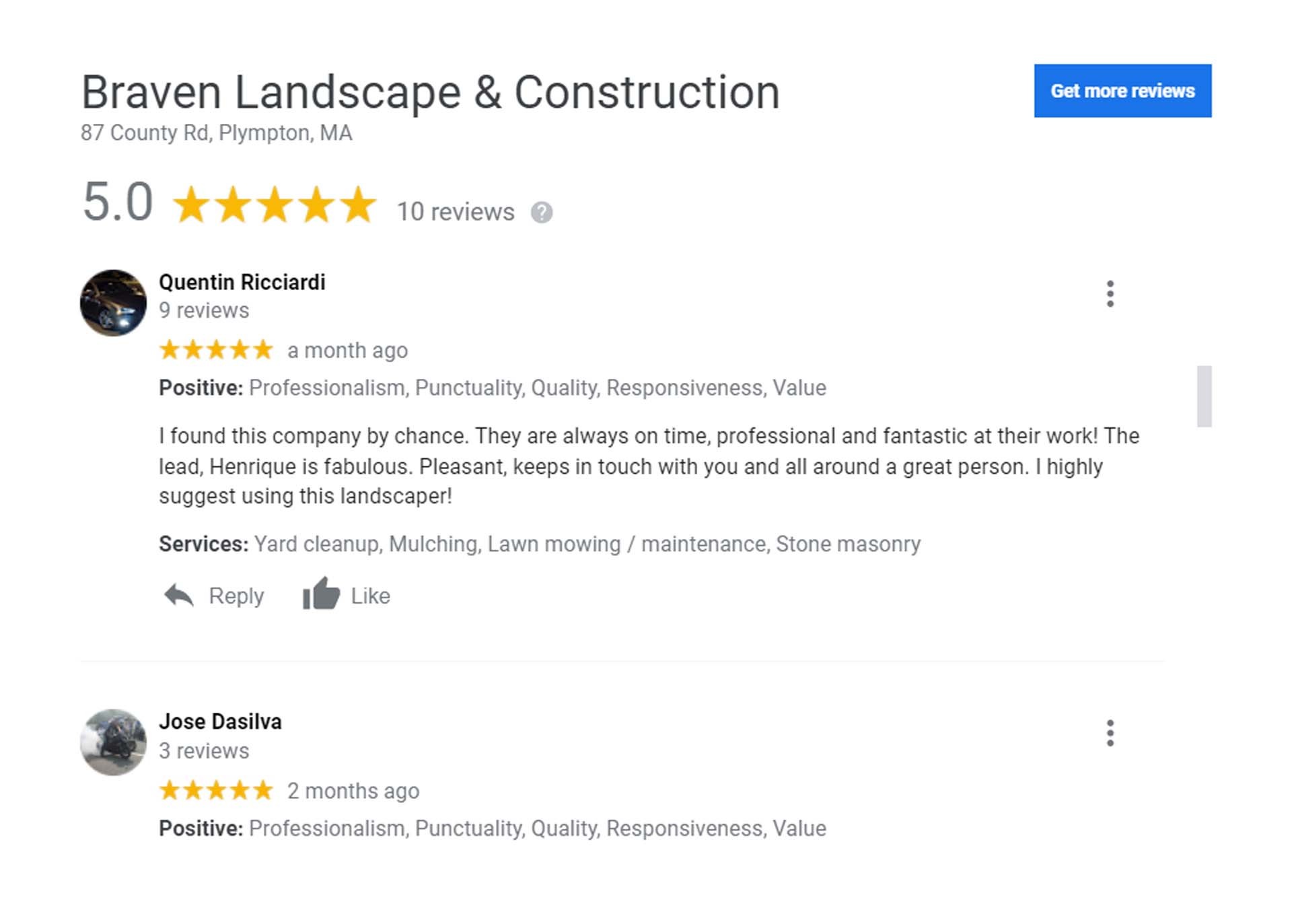 5-star lawn care review on Google for Braven Landscape & Construction