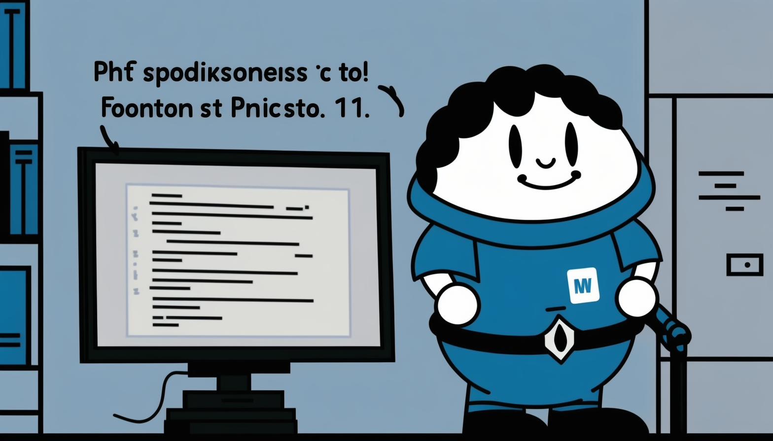 A cartoon character holding a script and standing in front of a computer with PowerShell prompt, indicating ease in PowerShell scripting for beginners